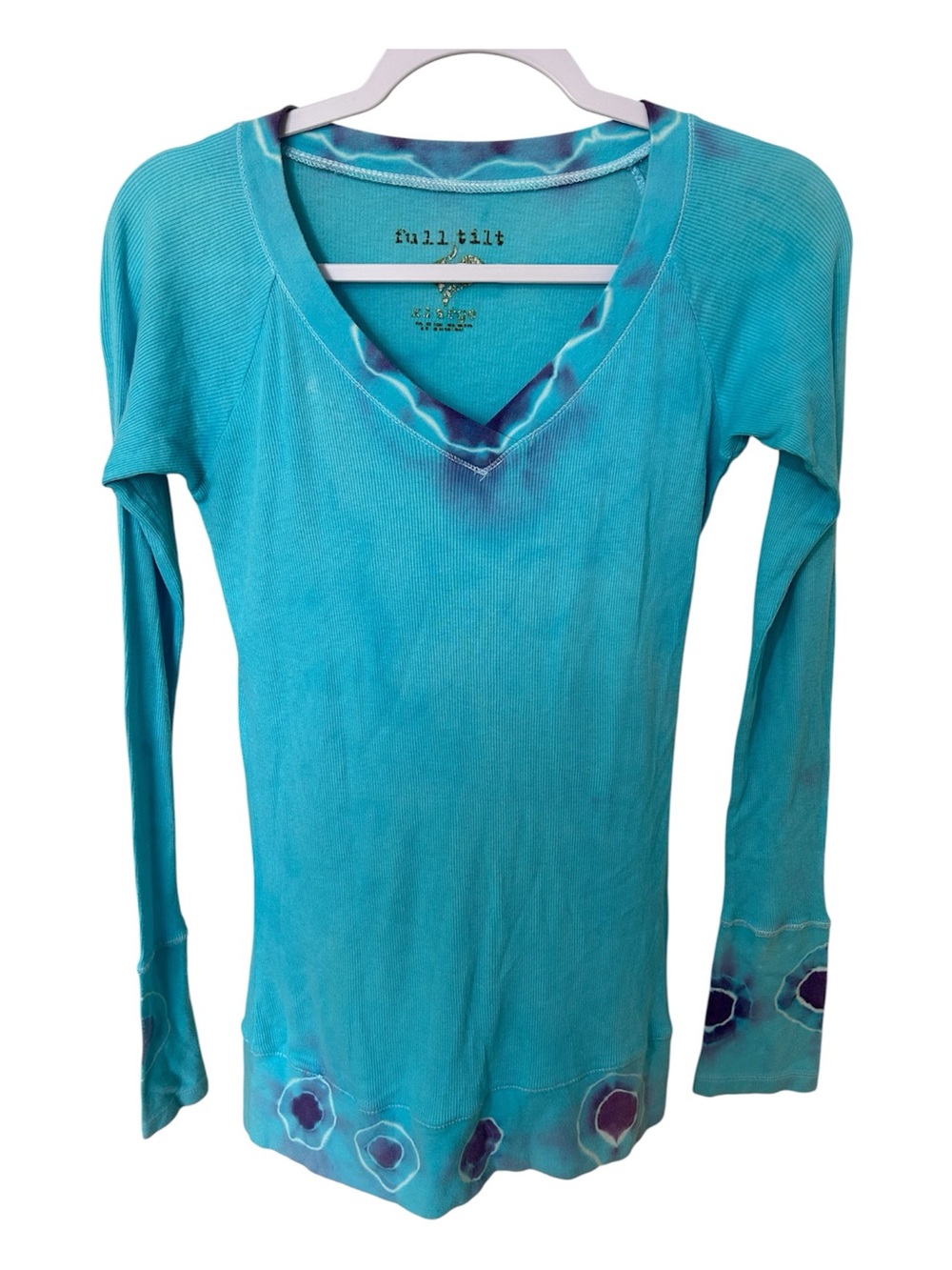 Full Tilt Y2K Boho Fairycore  Turquoise Long Sleeve V-Neck Tye Dye Top